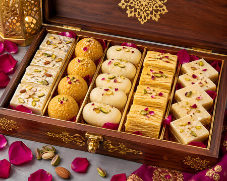 Luxury Wooden Mithai Gift Box with Assorted Traditional Pakistani Sweets for Eid and Weddings