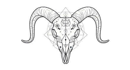 Fototapeta premium Mystical Ram Skull with Geometric Ornaments and Celestial Symbols Line Art