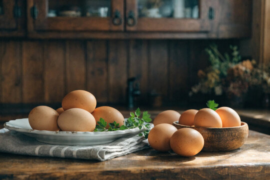 Fresh brown eggs on a rustic wooden kitchen counter