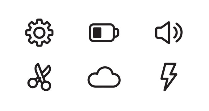 Essential icons gear battery sound scissors cloud and lightning bolt.