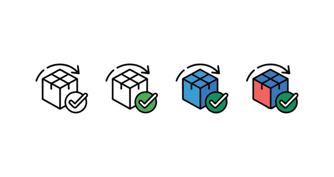 Box with checkmark and rotation arrows vector icon set, 3d cube with approval sign.