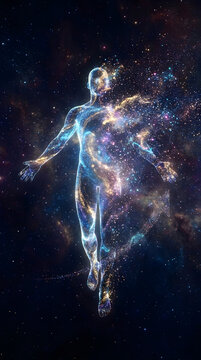body positivity with confidence conceptual. Digital human figure composed of glowing particles in a cosmic space background