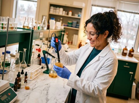 Professional female scientist in a white lab coat and safety goggles using a digital pH meter to test a liquid sample in a laboratory