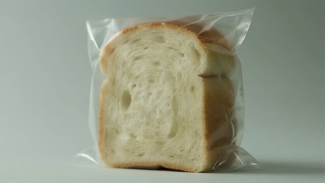 Sliced white bread in a clear plastic bag, close-up view