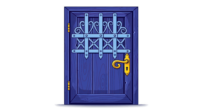 Ornate blue wooden door with golden handle and decorative metal grate