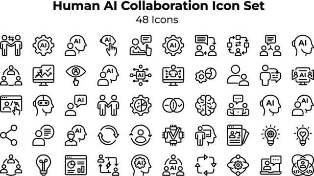 Human AI Collaboration Icon Set Featuring Teamwork, Communication, Automation, Decision Making and Intelligent Assistance Concepts