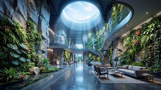 Subterranean luxury atrium with sky pipe and vertical garden