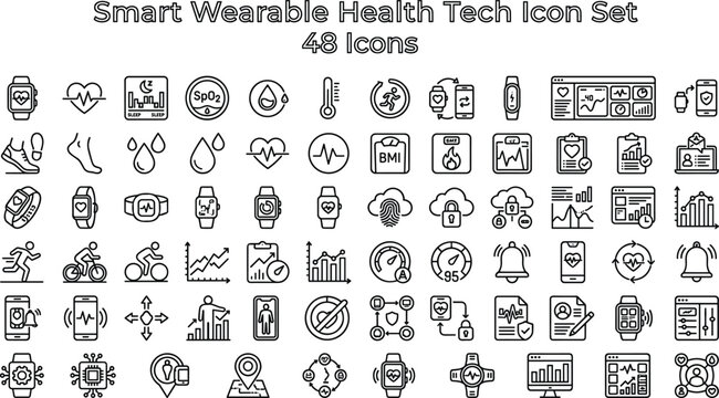 Smart Wearable Health Tech Icon Set Featuring Fitness Tracking, Vital Monitoring, Smart Devices and Digital Healthcare Concepts