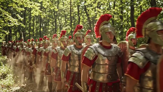 A disciplined legion of ancient Roman soldiers marches through a sunlit forest wearing traditional armor and helmets.