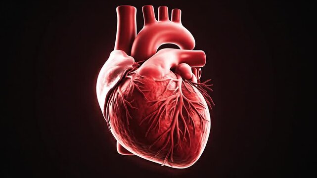 Realistic 3D illustration of a human heart with detailed arteries and veins on a dark background