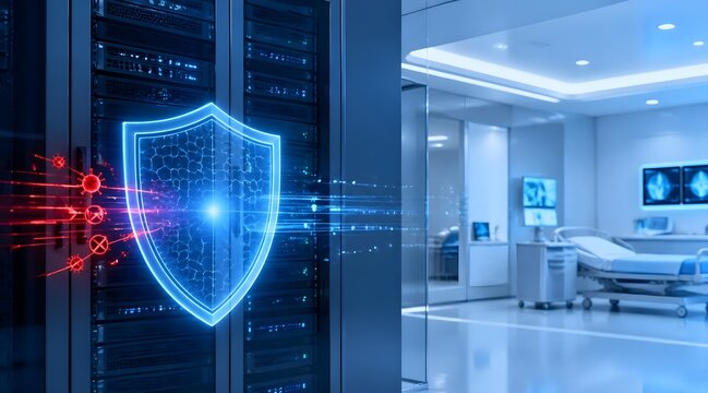 Hospital server cybersecurity protection system blocking malware and virus attacks in medical environment
