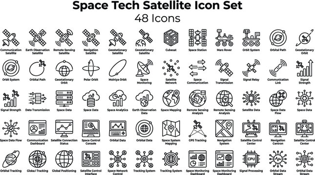 Space Tech Satellite Icon Set Featuring Orbit Systems, Communication, Remote Sensing, GPS Tracking and Aerospace Technology Concepts
