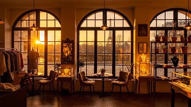 Luxury boutique interior in Paris at golden hour with the Eiffel Tower visible through large arched windows, displaying jewelry and fashion items