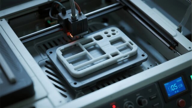 3D printer in operation creating a white plastic object with multiple compartments