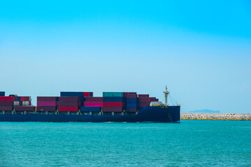 Fototapeta premium Aerial view of the freight shipping transport system cargo ship container. international transportation Export-import business, logistics, transportation industry concepts 