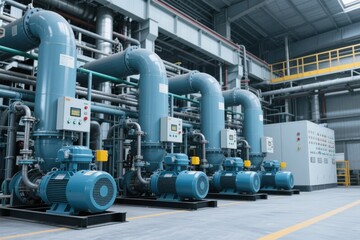 Fototapeta premium Industrial facility with large blue pumps and piping system in a factory setting