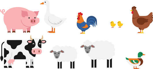 Cute farm animals vector set with pig cow sheep chicken duck goose rooster and chicks illustration © It's Marja