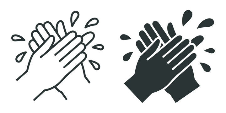 Wash hands icons in black glyph and line styles representing hygiene practice hand cleaning sanitation process health protection infection prevention and personal care concept design.