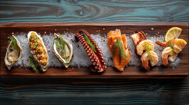 Gourmet seafood platter with oysters octopus shrimp and salmon on ice and wooden board, appetizer