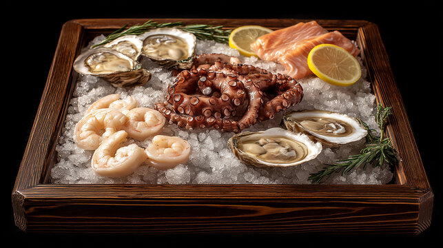 Premium seafood selection with octopus oysters and shrimp served on ice in wooden box, appetizer