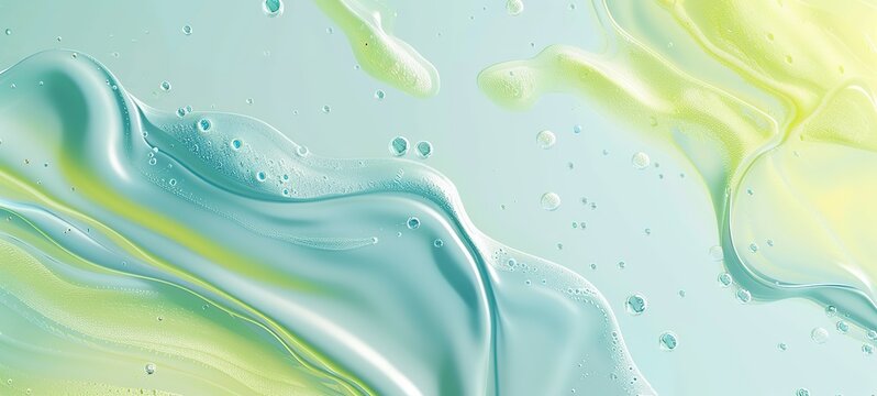 Abstract fluid background with teal and yellow flowing waves, glossy texture, and subtle bubbles. Ideal for beauty product ads, skincare branding, wellness visuals, and fresh, modern website banners.