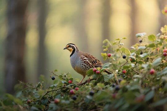 A bobwhite quail perches on a berry-laden bush in a forested area with soft, natural lighting.