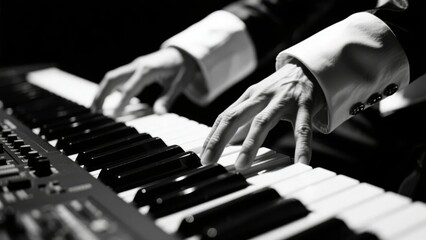 Fototapeta premium Close-up of hands playing a keyboard instrument in black and white