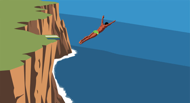 A swimmer dives from a rocky cliff into the deep blue sea under a sunny sky