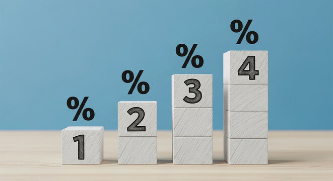 Percentage Progress: A conceptual image of wooden blocks ascending to represent percentage growth, highlighting progress and the upward trajectory of success.