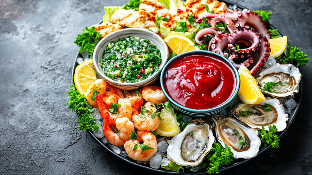 Mixed seafood platter with octopus tentacles oysters shrimp and dipping sauces on ice, appetizer