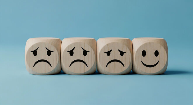 Emotional Dice: A row of wooden dice displays a spectrum of emotions, from sadness to joy, offering a visual representation of emotional states on a light-blue background.