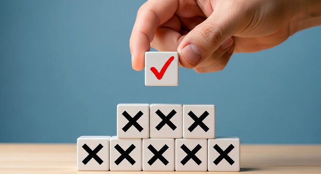 Choice and Decision: A hand places a checkmark block atop a pyramid of X marked blocks, symbolizing a decisive choice or the act of selecting a single, correct option.