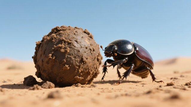 Dung beetle rolling a ball of dung across sandy terrain under clear blue sky