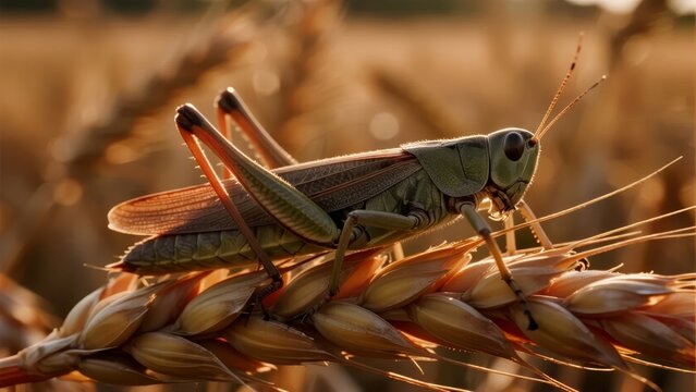 Close-up of a grasshopper perched on a wheat stalk in a golden field
