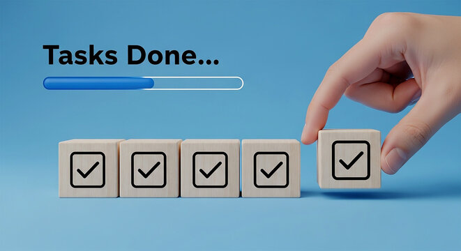 Task Completion: A visual representation of task completion with wooden blocks with check marks symbolizing completed tasks, and a hand placing the final check mark, all against a clean backdrop.