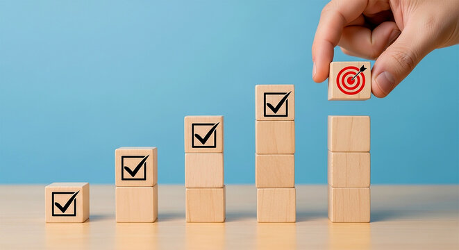 Reaching the Target: A hand places a target block atop a stack of wooden blocks, symbolizing the achievement of goals, with a clear blue backdrop emphasizing the path to success.
