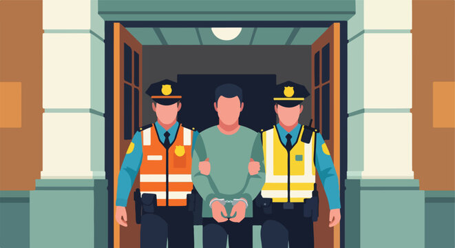 Two police officers escorting a handcuffed man out of a building entrance doors