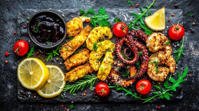 Gourmet fried seafood appetizer plate with octopus shrimp and dipping sauce appetizer restaurant