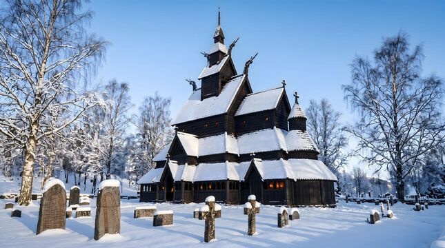 Ancient Borgund Stave Church in Winter Norway