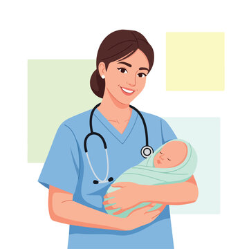 Midwife Character Holding a Newborn Baby Professionally Vector Illustration