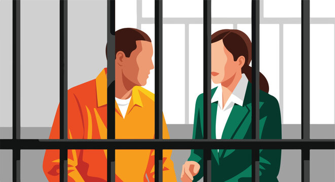 An inmate in orange and a lawyer in a green suit talking behind prison bars