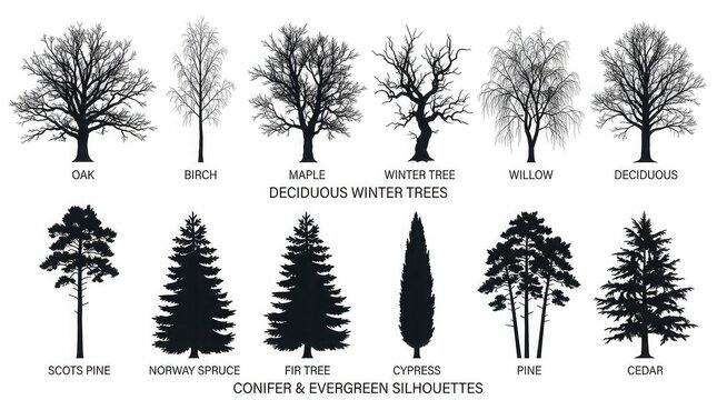 Set of deciduous and coniferous tree silhouettes isolated on white background winter landscape elements