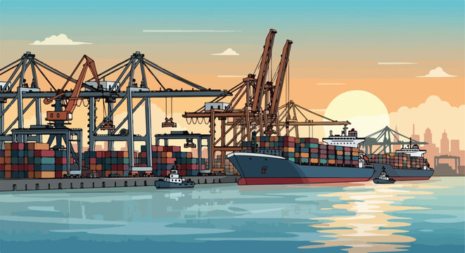 Illustration of a busy container port with large ships and cranes at sunset