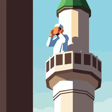 A muezzin calls the faithful to prayer from the top balcony of a tall minaret