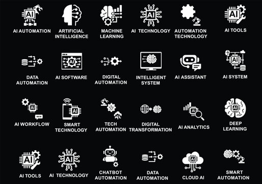 AI tools and automation icon set featuring artificial intelligence, machine learning, deep learning, chatbot, neural network, smart technology, and digital transformation symbols.