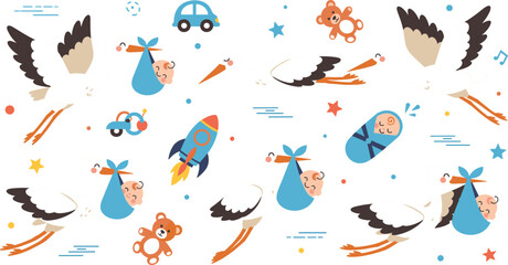 Fototapeta premium Seamless Baby Shower Pattern with Stork, Newborn, Toys, Rocket, and Cute Nursery Elements, Adorable Repeating Background for Kids Fabric and Wrapping Design