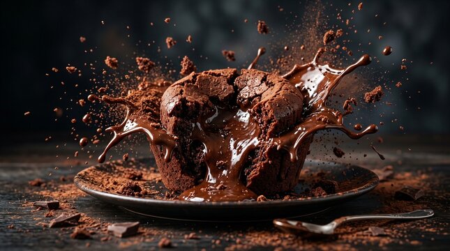 Rich dark chocolate lava cake exploding with molten center while sitting on a simple dark plate during a celebration
