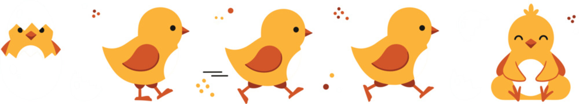 Cute Yellow Chick Walking Sequence with Different Poses and Expressions, Adorable Baby Chicken Cartoon Illustration for Kids Design and Animation Frames