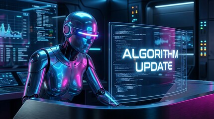 Fototapeta premium Futuristic chrome robot interacting with holographic display showing 'ALGORITHM UPDATE' text and complex code, vibrant neon blue and pink lighting, symbolizing artificial intelligence