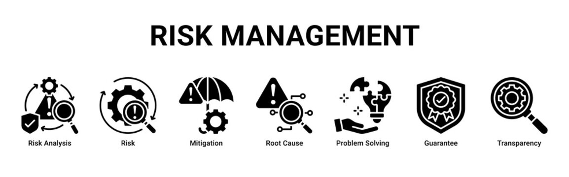 Risk Management web banner icon vector illustration featuring Risk Analysis, Risk, Mitigation, Root Cause, Problem Solving, Guarantee and Transparency